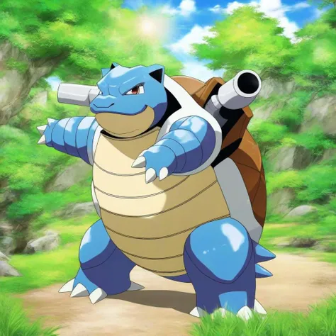 art by Masaaki Iwane,anime illustration,blastoise,sunny outdoors,full length, <lora:XLBlastoiseV2:1>