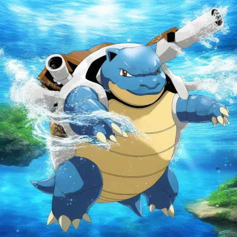 art by Masaaki Iwane,anime illustration,blastoise,swimming,full length, <lora:XLBlastoiseV2:1>