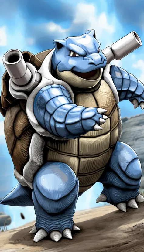 detailed drawing of full body shot of blastoise, comic style, a blue turtle with brown shell, teeth, pokemon, beautiful nature in background, , HD, masterpiece, best quality, hyper detailed, ultra detailed, <lora:xl_XLBlastoiseV2:1>