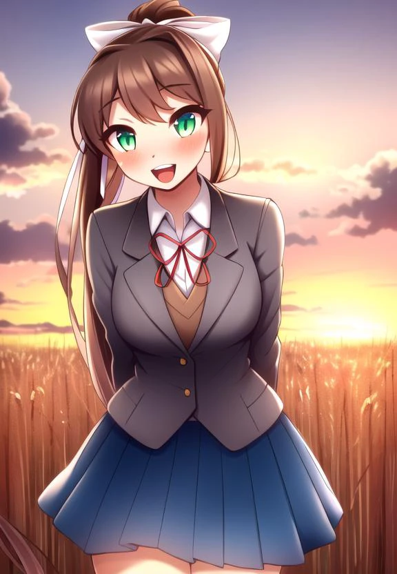 ((best quality)), ((highly detailed)), masterpiece, detailed face, beautiful face, (detailed eyes, deep eyes), (1girl), upper body, <lora:MonikaV1:.7>, Monika, (green eyes), brown hair, bangs, very long hair, long hair, ponytail, sidelocks, hair bow, white bow, :D, school uniform, neck ribbon, shirt, grey jacket, blazer, black thighhighs, pleated skirt, skirt, blue skirt, ((blush)), inside, in a classroom, leaning forward, arms behind back, sunset, (at a wheat field), <lora:r-mk:1>, furry