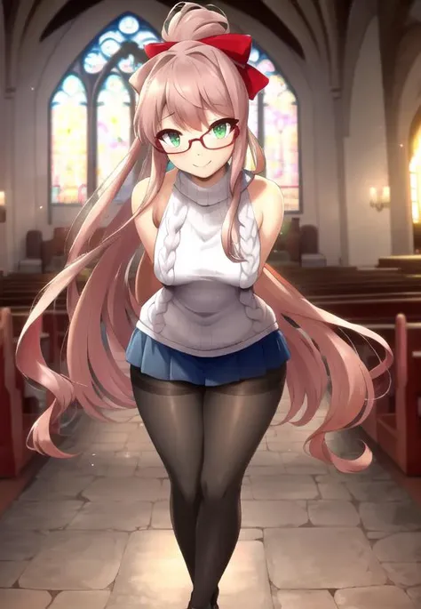 ((best quality)), ((highly detailed)), masterpiece, detailed face, beautiful face, (detailed eyes, deep eyes), (1girl), (glasses), full body, <lora:ddlc-10:1>, Monika, (green eyes), brown hair, bangs, very long hair, long hair, ponytail, sidelocks, hair bow, white bow, smile, <lora:virginKillerSweater_v10:1>, virgin killer sweater, sideboob, sleeveless, leaning forward, arms behind back, sunset, (in a church), <lora:r-mk:1>, furry
