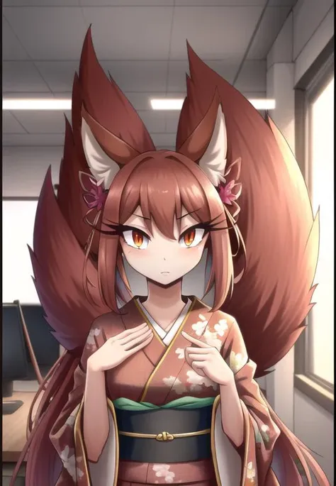((best quality)), ((highly detailed)), masterpiece, (detailed eyes, deep eyes), (1girl), upper body, kyuubi, multiple tails, 9 tails, MILF, fox ears, fox tail, red eyes, <lora:slit-pupils:1>, snake eyes, (Metallic orange) hair, kimono, (inside, in an office), <lora:r-mk:.9>, furry