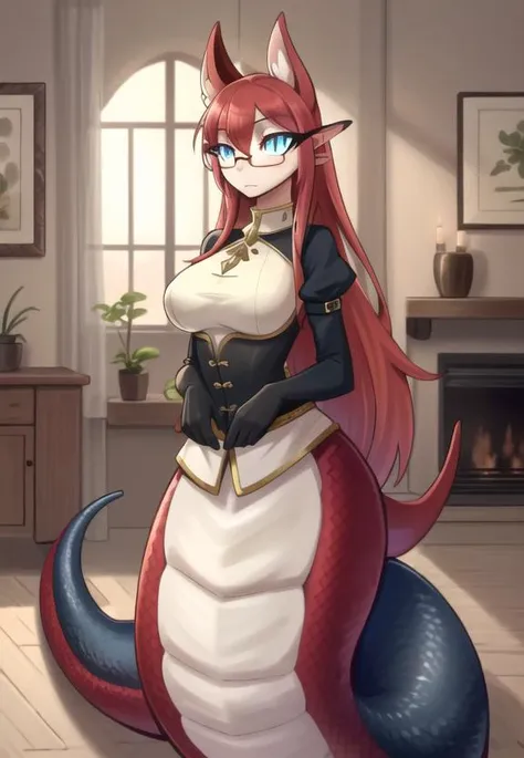 ((best quality)), ((highly detailed)), masterpiece, (detailed eyes, deep eyes), (1girl), (glasses), cowboy shot, <lora:aiomonstergirls_loraLocon:.2>, <lora:animeLamia_v10:1>, (lamia), scales, tail, merged at waist, standing, (cyan scales), <lora:slit-pupils:1>, snake eyes, (inside, in a living room), <lora:r-mk:.9>, furry