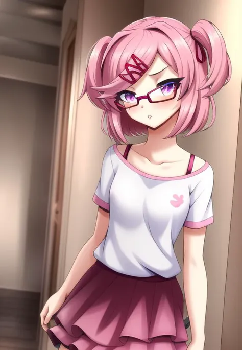 ((best quality)), ((highly detailed)), masterpiece, (detailed eyes, deep eyes), (1girl), (glasses), cowboy shot, <lora:Natsuki_V1:.6>, Natsuki, pink eyes, pink hair, short hair, bangs, swept bangs, hair ornament, hairclip, hair ribbon, two side up, blush, pouty lips, small breasts, (white shirt), bra strap:.5, collarbone, pink skirt, ((layered skirt)), (indoors, in a hallway), <lora:r-mk:1>