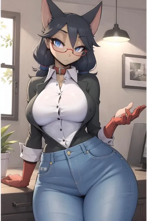 best quality, masterpiece, <lora:r-mk-10:1>,solo, 1girl, large breasts, looking at viewer,furry, looking at viewer, jeans, collared shirt, glasses,