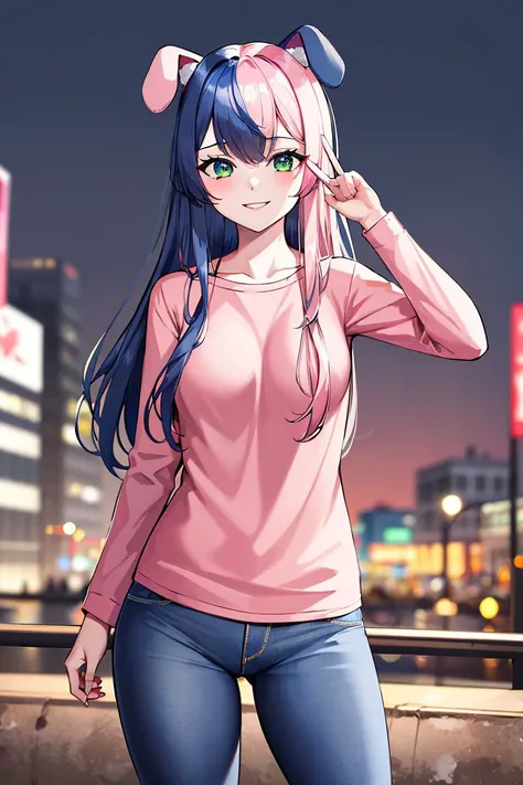 ((masterpiece,best quality)), absurdres,
<lora:Punkalopi:0.7>, Punkalopi, denim jeans, pink tshirt, 
solo, smiling, looking at viewer, cowboy shot, 
modern city background, cinematic composition, dynamic pose,