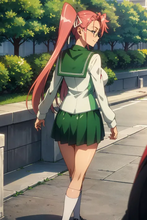 (masterpiece, best quality, 4k, ultra high res), 1girl, solo,<lora:anime_screencap_v2:0.3> tall body, tall, long legs, mature female, mature, adult, <lora:GoodHands-beta2:1.4>, outdoors, park, garden, lake, sunshine, sunlight, bright, greenery, glasses,<lora:eft_hotd_pink:0.7> eft_hotd_pink, twintails, school uniform, skirt, breasts, long hair, serafuku, green skirt, ribbon, hair ribbon, brown eyes, large breasts, pleated skirt, socks, pink hair, red hair, bow, long sleeves, from behind, looking back,smiling,