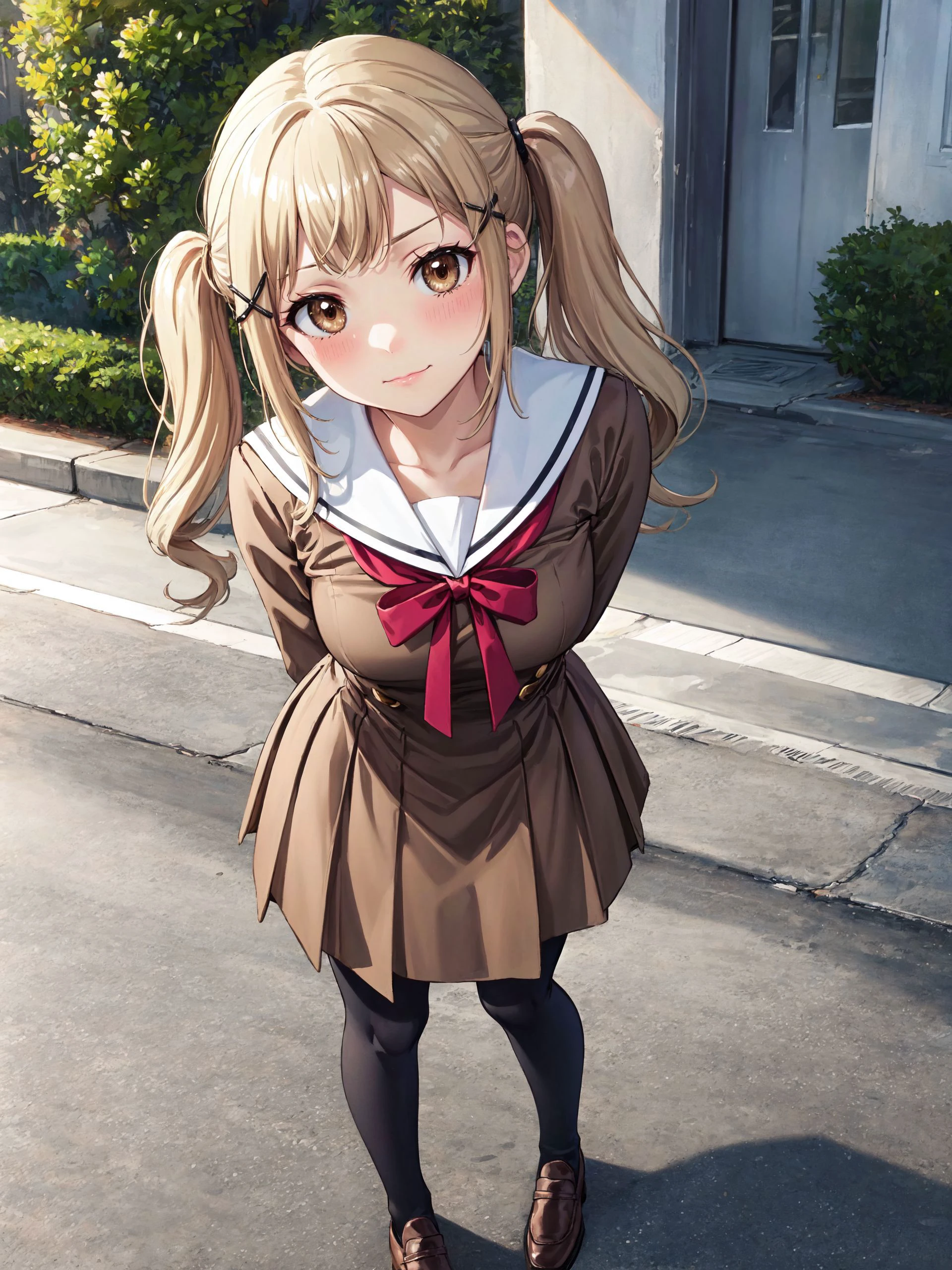 BREAK
(absurdres:1.1, highres:1.1, ultra detailed:1.1),
(high resolution:1.1, ray tracing:1.1, refraction:1.1), (dynamic angle:1.1),
BREAK
(1girl:1.1), (solo:1.3),
BREAK
<lora:ichigaya_arisa:0.7>,
aaarisa,long hair,twintails,bangs,x hair ornament,hanasakigawa school uniform,neck ribbon,red ribbon,brown dress,white sailor collar,brown shirt,double-breasted,long sleeves,brown skirt,black pantyhose,loafers,brown footwear
BREAK
(clear face:1.1),
(closed mouth:1.4),
BREAK
Authentic skin texture, Smooth skin,
BREAK
night,
BREAK
cowboy shot,
BREAK
head tilt ,
BREAK
(standing, arms behind back, leaning forward, open mouth:1.1),
BREAK
outdoors, park,
BREAK
<lora:flatBG:-0.4>,
<lora:GoodHands-vanilla:1>,
nice hands, perfect hands,
BREAK
wakame