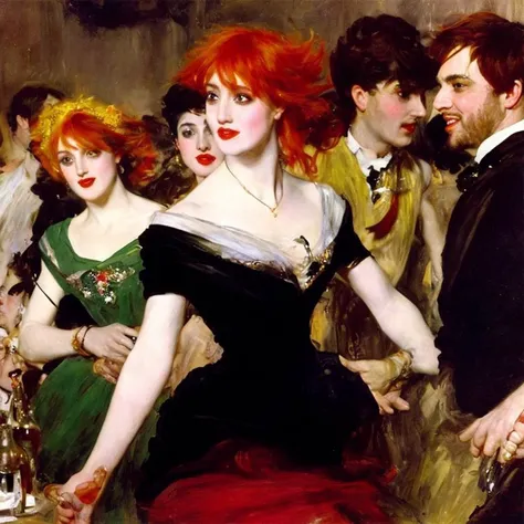 boldini painting of a beautiful young woman with shoulder-length red hair and bangs. wearing black dress in a crowded dance hall, masterpiece, diverse crowd, multi-ethnic crowd, dancing crowd, festive, people holding drinks, high resolution, 4k, oil painting