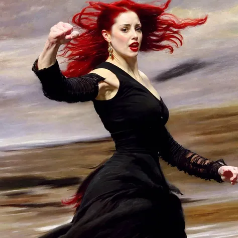 boldini painting of a beautiful woman with shoulder-length red hair and bangs. wearing black dress, in a fighting stance, fighting pose  <lora:fight-10:1>