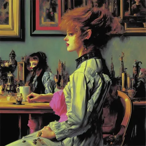 Oil painting of a beautiful young woman wearing eighties [punk | Victorian]  fashions sitting alone in a [Victorian | eighties] cafe (drinking) out of a (paper coffee cup), (in the style of Boldini), 8k, masterpiece <lora:kEighties:1>,  <lora:punk_v0.2:1>