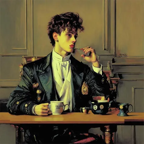 Oil painting of a young man wearing eighties [punk | Victorian]  fashions sitting alone in a [Victorian | eighties] cafe (drinking) out of a (paper coffee cup), (in the style of Boldini), 8k, masterpiece, <lora:kEighties:1>,  <lora:punk_v0.2:1>