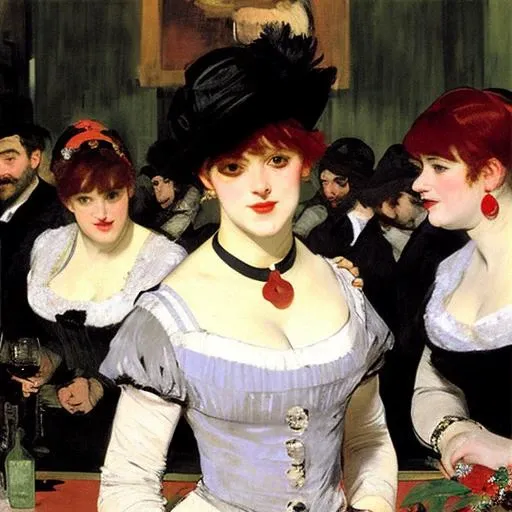 manet painting of beautiful young woman with short (red) hair and bangs wearing a black dress, dancing in a crowded dance hall, masterpiece, diverse crowd, crowd of men and women dancing, drinking, festive, joyous expressions, expressive hands, 4k,