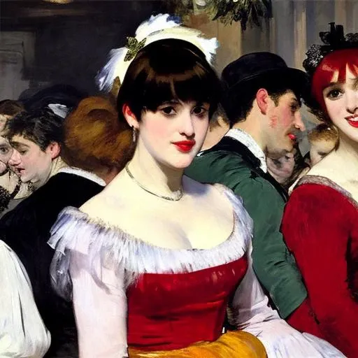 manet painting of beautiful young woman with short red hair and bangs. wearing black dress in a crowded dance hall, masterpiece, diverse crowd, crowd of men and women dancing, drinking, festive, joyous expressions, expressive hands, 4k,