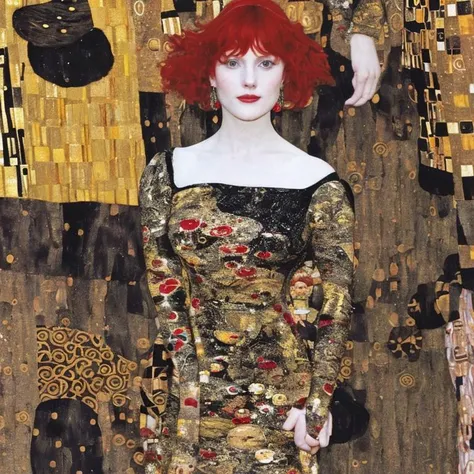 klimt painting of a beautiful young woman with shoulder-length red hair and bangs. wearing black dress in a crowded dance hall, masterpiece, diverse crowd, multi-ethnic crowd, dancing crowd, festive, people holding drinks, high resolution, 4k