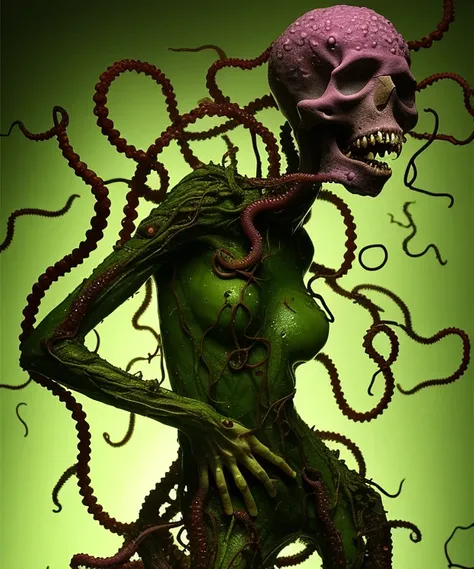 a skinny attractive woman is mutating into an plant creature. Her skin is transparent and pink purple colors. She glistens with jelly. She's growing tentacles from his arms and fingers. In an industrial research lab facility. Cronenberg. Lovecraft. Cosmic horror. Body horror. screaming. full body framing. transformation. mutation. metamorphosis. Mold. Neoplasm. Fungus. Tendrils. Vines. Roots. Webs. Skulls. Slime. Severe lighting. Photograph. eldmeisterOG style.