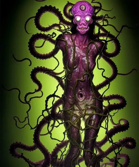 a skinny attractive woman is mutating into an plant creature. Her skin is transparent and pink purple colors. She glistens with jelly. She's growing tentacles from his arms and fingers. In an industrial research lab facility. Cronenberg. Lovecraft. Cosmic horror. Body horror. screaming. full body framing. transformation. mutation. metamorphosis. Mold. Neoplasm. Fungus. Tendrils. Vines. Roots. Webs. Skulls. Slime. Severe lighting. Photograph. eldmeisterOG style.