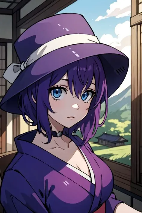 masterpiece, best quality, , 1girl, solo, looking at viewer, upper body, depth of field, <lora:anji_zo:0.70>, anji_zo, purple hair, blue eyes, , floppy hat, feudal japan, High resolution