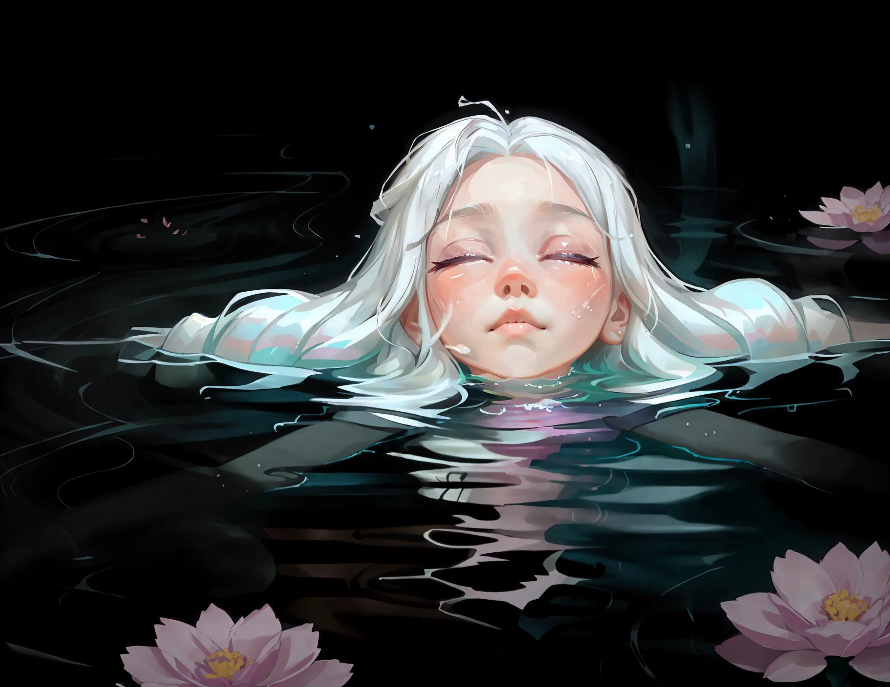 1girl, solo, long hair, laying in the water, closed eyes, white hair, lying, on back, water, full body