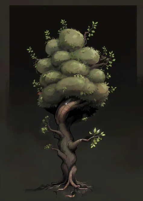 A tree, dark background, design original character, large roots, small tree, green leaf, banzai, digital painting,