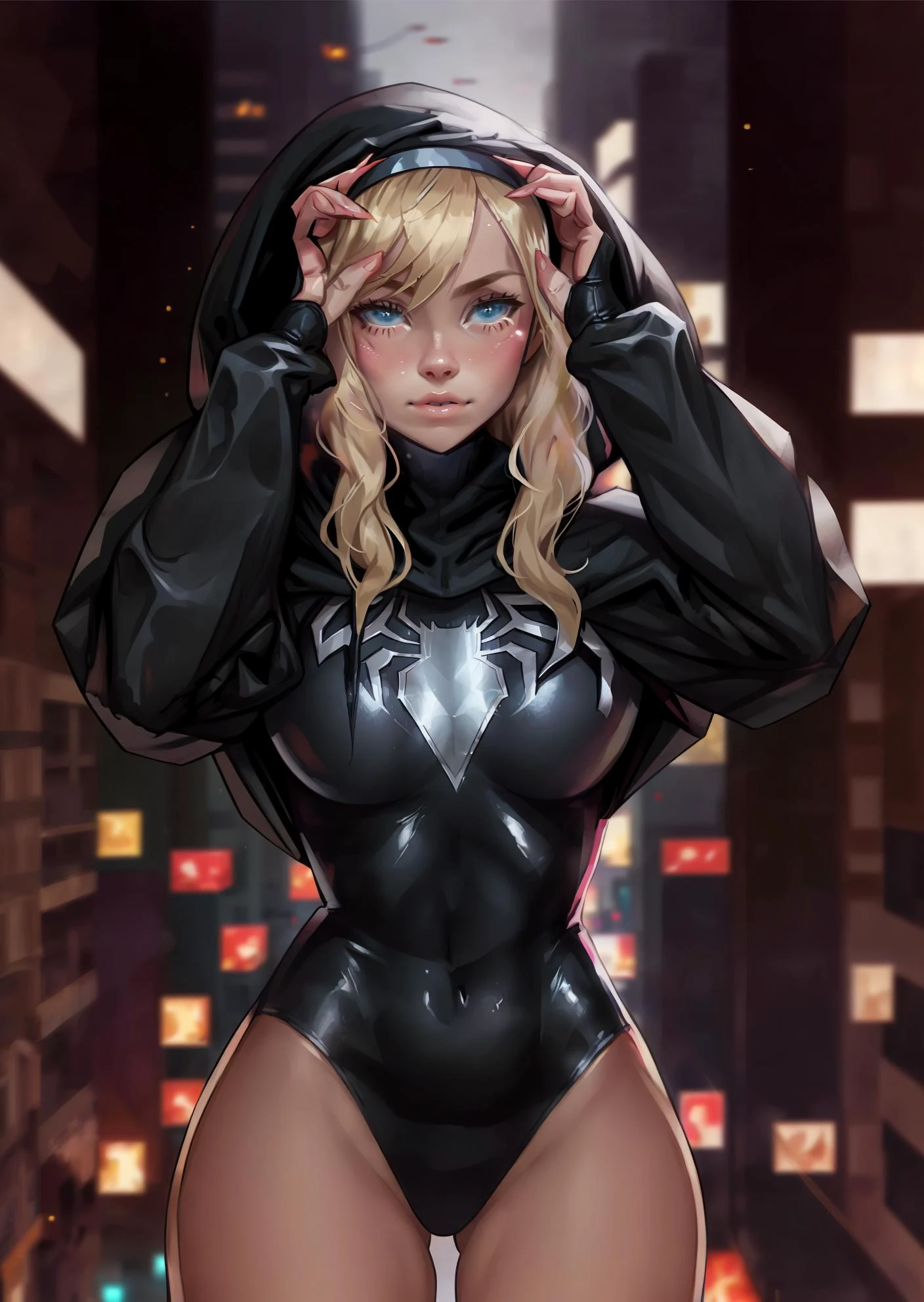 1girl, solo, blonde hair, holding, hairband, signature, hood, blurry, bodysuit, blurry background, phone, cellphone, building, smartphone, holding phone, city, superhero, spider web print, hooded bodysuit