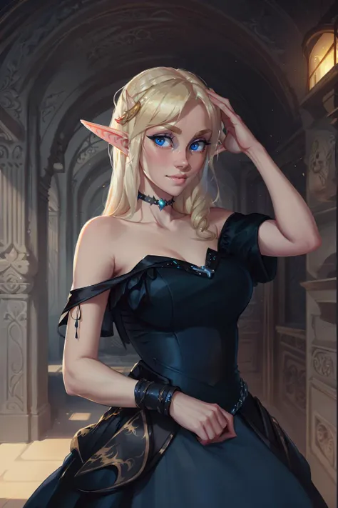 masterpiece, best quality, concept art of a beautiful happy blond elven sexy , blue eyes, wearing a regal black puffy shoulderless dress, blushing, delicate hands, black chocker,