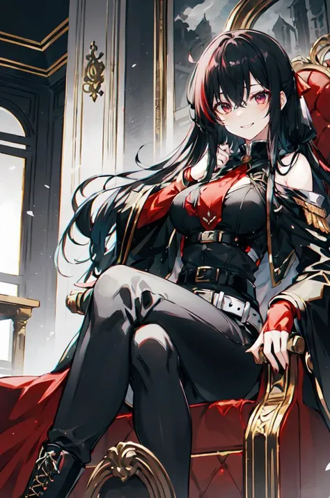 <lora:ANKE style v1.0:0.5>, ultra detailed, masterpiece, best quality, solo, smug smile, sitting, crossed legs, throne room, red banner, 1girl, purple eyes, red-framed eyewear, (black hair, red colored tips:1.2), red streaked hair, very long hair, side ponytail, tied hair, medium breasts, coat on shoulders, red dress, sleeves rolled up, fingerless gloves, holster, belt, multiple belts, combat boots, bulletproof vest, pants, black coat, tactical clothes,