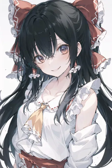 (white background:1.2),simple background,1girl,masterpiece,best quality,1girl,solo,light smile,hakurei reimu, upper body,arms behind back, <lora:ANKE style v1.0:0.8>