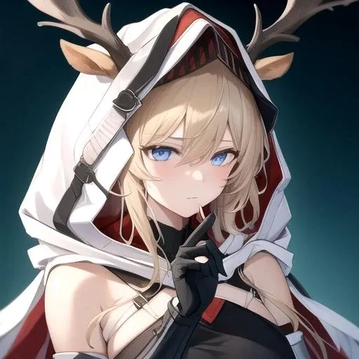 ((masterpiece)),(best quality),official art,extremely detailed CG,unity 8k wallpaper,ultra detailed,1girl,solo,cowboy shot,deer_ears,very_long_hair,blonde_hair,white_cape,hooded_cape,animal_ears,blue_eyes,black_dress,black_gloves,elbow_gloves,breasts,hood_up,gauntlets,bangs,armored_boots,partially_fingerless_gloves,bare_shoulders,hair_between_eyes,<lora:Viviana(ark)>,