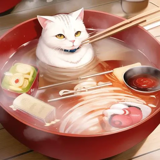 ramengirl,food, cat in food, noodles, ramen, partially submerged, bathing, steam, bowl, chopsticks