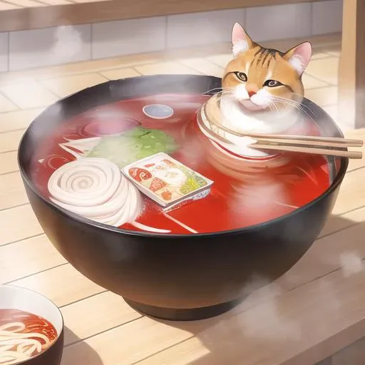 ramengirl,food, cat in food, noodles, ramen, partially submerged, bathing, steam, bowl, chopsticks
