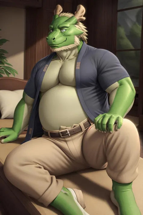 <lora:tappei-09:1>, tappei, mature male, dragon, tail, black eyes, (pose:1.3), musclegut, (posing:1.3), (soft shading), 4k, hi res, five fingers, detailed hands, ((detailed face, (detailed eyes:1.5), detailed)), by zackarry911, by zaush, (by personalami:0.5), looking at viewer, blush, 1boy, male focus, thighs, lying, open clothes, pants, spread legs, stomach, on side, thick thighs, leg up, bulge, brown pants, foot out of frame, pectoral cleavage,
