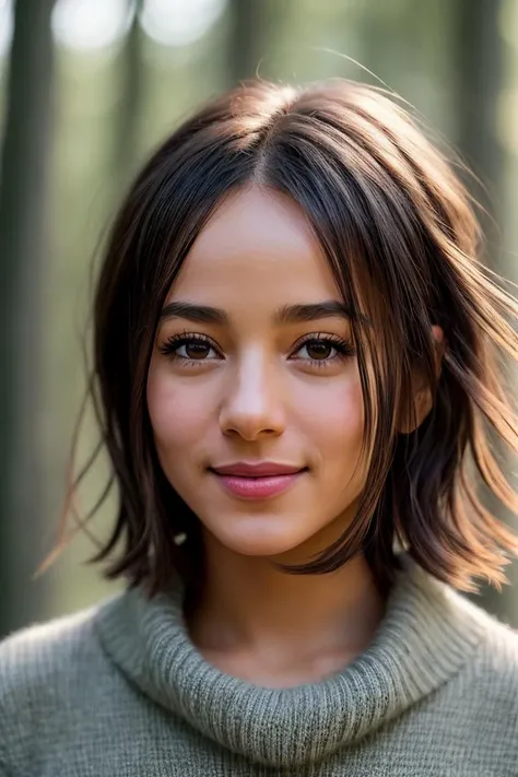 photo of beautiful (alizjacot:0.99), a woman in a (mushroom forest:1.1), perfect hair, hair blowing in the wind, wearing (sweater), modelshoot style, (extremely detailed CG unity 8k wallpaper), professional majestic (photography by diane arbus:1.1), (Sony a7 IV Mirrorless Camera), 24mm, exposure blend, hdr, faded, extremely intricate, High Detail, Sharp focus, dramatic, soft cinematic light, (looking at viewer), (detailed pupils), cute smile, 24mm, 4k textures, soft cinematic light, adobe lightroom, photolab, elegant, ((((cinematic look)))), soothing tones, insane details, hyperdetailed, low contrast
