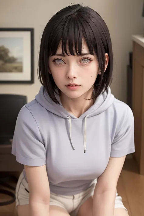 masterpiece, (photorealistic:1.4), best quality, beautiful lighting, HinataNS, solo, looking at viewer, short hair, indoors, purple hoodie, white shorts, RAW photo, 8k uhd, film grain <lora:HinataNS:1>