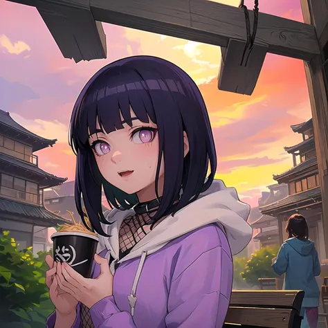 masterpiece, best quality, ultra-detailed, illustration, epic lighting, cinematic composition, isometric, anime, 2d, <lora:HinataNS:1> 1girl, HinataNS, cute, lustrous skin, captivating pose, short black hair, blunt bangs, white eyes, no pupils, (purple hoodie:1.2), fishnets, fishnet top, headband around neck, purple pants, looking at viewer, happy, upper body, village, park, bench, cup ramen, evening, sunset, east asian architecture, trees, (8k:1.1)