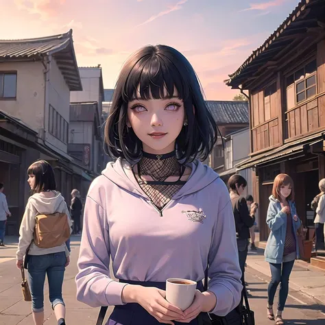 masterpiece, best quality, ultra-detailed, illustration, epic lighting, cinematic composition, isometric, anime, 2d, <lora:HinataNS:1> 1girl, HinataNS, cute, lustrous skin, captivating pose, short black hair, blunt bangs, white eyes, no pupils, (purple hoodie:1.2), fishnets, fishnet top, headband around neck, purple pants, looking at viewer, happy, smile, upper body, village, park, bench, cup ramen, evening, sunset, east asian architecture, trees, (8k:1.1)