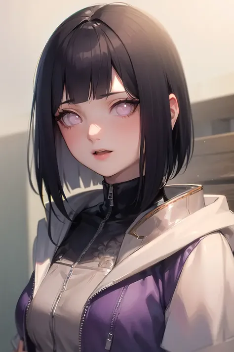 1girl, beautiful HinataNS, solo, looking_at_viewer, hood, upper_body, short_hair, no_pupils, purple_jacket, coat, volumetric lighting, best quality, masterpiece, intricate details, tonemapping, sharp focus, hyper detailed, trending on Artstation, <lora:HinataNS:1>