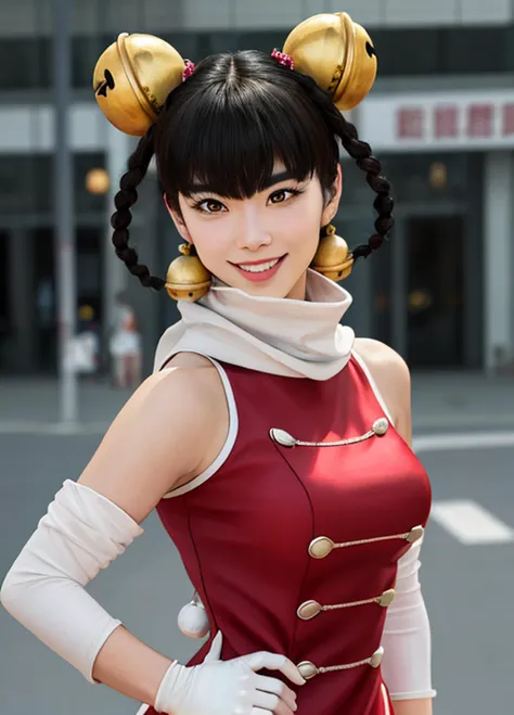 <lora:lin_lin:0.7> lin lin \(one-punch man\), brown eyes, solo, short hair, bangs, black hair, twin braids, bell, jingle bell, hair bell, hair ornament, gloves, dress, bare shoulders, jewelry, braid, earrings, detached sleeves, shoes, sleeveless, elbow gloves, pants, white gloves, fingerless gloves, white scarf, chinese clothes, red footwear, bridal gauntlets, hair rings, white pants, outdoors, fighting stance, beautiful smile, (masterpiece, best quality:1.4), (modern days), (cowboy shot), 1girl, solo, pov, sfw, stunning girlfriend, (standing:1.1), dynamic pose, heart shaped face, elegant face, beautiful face, highly detailed face, highly detailed skin, skin pores, subsurface scattering, realistic pupils, medium breast, loving smile, looking at viewer, full face blush, full lips, detailed background, depth of field, atmospheric perspective, volumetric lighting, sharp focus, absurdres, realistic proportions, good anatomy, (realistic, hyperrealistic:1.4), 16k hdr,