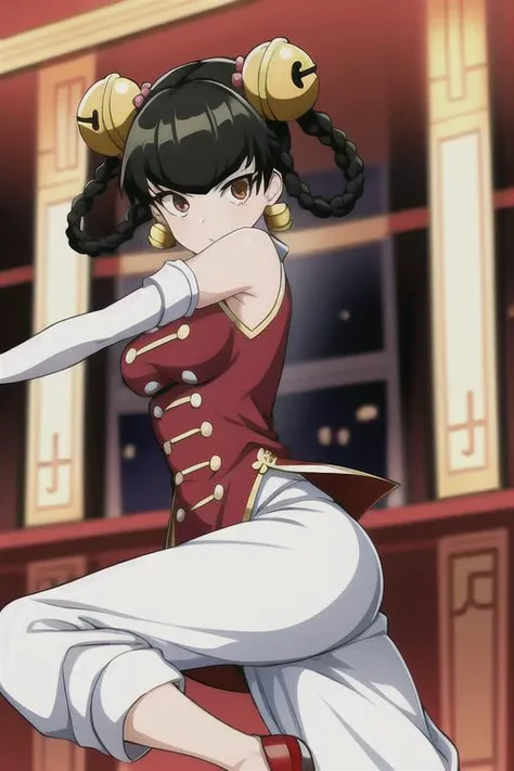 masterpiece, best quality, absurdres, 1girl, <lora:lin_lin:0.7>, lin lin \(one-punch man\), medium breasts, brown eyes, solo, short hair, bangs, black hair, hair rings, twin braids, jingle bell, hair bell, hair ornament, bare shoulders, braid, jewelry, earrings, detached sleeves, sleeveless, elbow gloves, white gloves, fingerless gloves, bridal gauntlet, scarf, chinese clothes, red top, white pants, pants, shoes, red footwear, fighting stance, indoors, standing on one leg