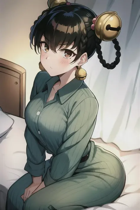 masterpiece, best quality, absurdres, 1girl, <lora:lin_lin:0.7>, lin lin \(one-punch man\), medium breasts, brown eyes, solo, short hair, bangs, hair between eyes, black hair, hair rings, twin braids, jingle bell, hair bell, hair ornament, braid, earrings, collared shirt, buttoned shirt, green shirt, hospital clothing, long sleeves, green pants, vertical stripes, sitting at the edge of the bed, hospital bed, from above, window, curtain, (backlighting), dramatic lighting, head tilt, looking at viewer, pov, blush, band-aid
