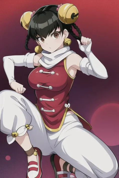 masterpiece, best quality, absurdres, 1girl, <lora:lin_lin:0.7>, lin lin \(one-punch man\), medium breasts, brown eyes, solo, short hair, bangs, black hair, hair rings, twin braids, jingle bell, hair bell, hair ornament, bare shoulders, braid, jewelry, earrings, detached sleeves, sleeveless, elbow gloves, white gloves, fingerless gloves, gloves, scarf, chinese clothes, red top, white pants, pants, shoes, red footwear, fighting stance,