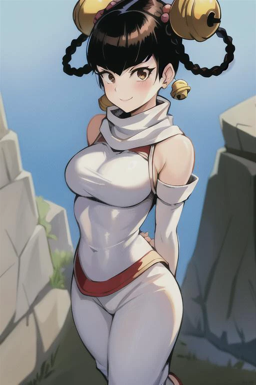 masterpiece, best quality, absurdres, 1girl, <lora:lin_lin:0.7>, lin lin (one-punch man), medium breasts, brown eyes, solo, short hair, bangs, black hair, twin braids, bell, jingle bell, hair bell, hair ornament, gloves, dress, bare shoulders, jewelry, braid, earrings, detached sleeves, shoes, sleeveless, elbow gloves, pants, white gloves, fingerless gloves, white scarf, chinese clothes, red footwear, bridal gauntlets, hair rings, white pants, (outdoors, sunny), arms behind own back, blush, smile, looking at viewer, dramatic lighting, from above, feet out of frame