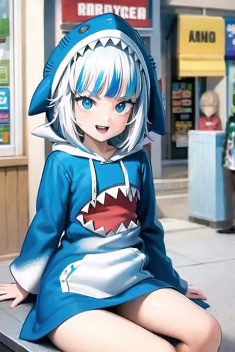 masterpiece, best quality, anime, highly detailed eyes, highly detailed face, perfect lighting, cowboy shot, 1 girl, solo,white hair, gawr gura,shark hoodie,(sitting:1.2),blush,open mouth,shark teeth, fast food store background, close up, smiling to camera, cheeky, brat, <lora:allVtubersLora_hll31:1> <lora:murataYuusuke1484it.dC02:1>