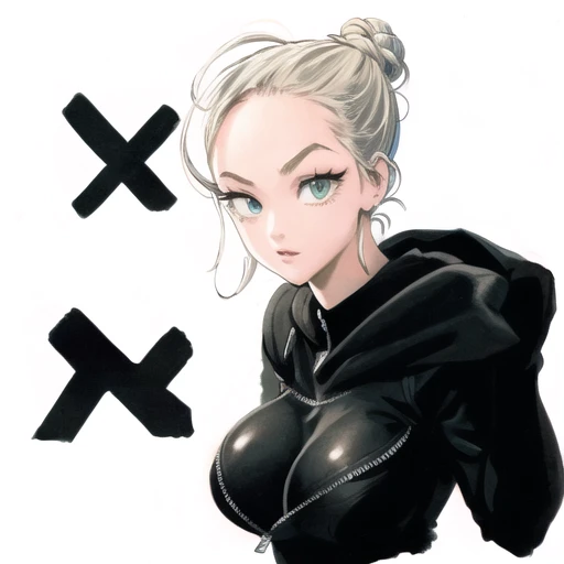 (high quality) messy bun hairstyle, black hoodie with unzipped zipper, revealing busty ample cleavage, white woman, voluptuous, masterpiece, highres, best quality, ONE PUNCH-MAN, <lora:murataYuusukeOPM_murataYuusuke1484it:1>,