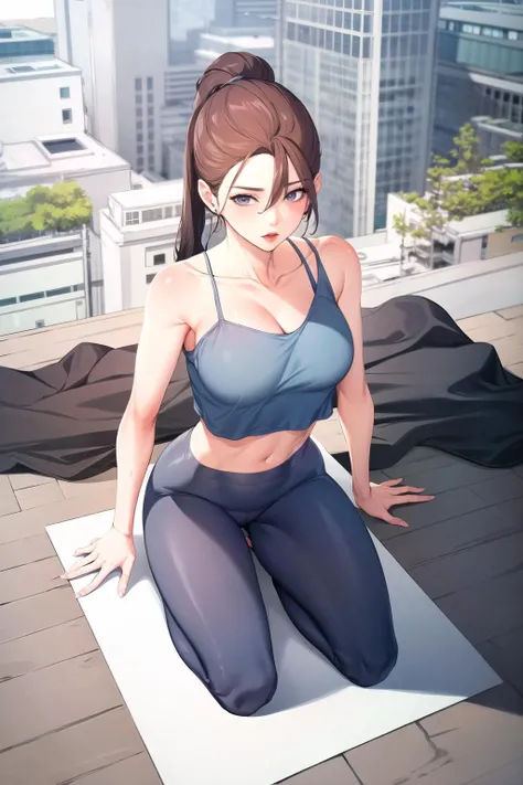 solo, kneeling, from above, looking at viewer, outdoors, <lora:Su-ah:.8>, su-ah, full body, yoga style