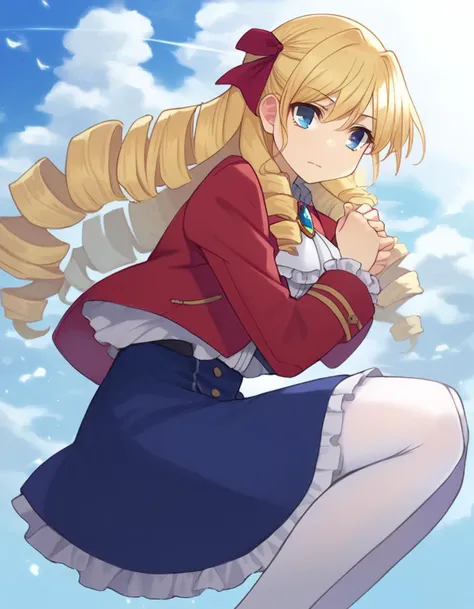 zPDXL, score_9, score_8_up, score_7_up, source_anime, 1girl, solo,
<lora:wataoshi_reiclaire:0.8> wataoshi_claire, blonde hair, blue eyes, drill hair, long hair, hair ribbon, red jacket, long sleeves, blue skirt, white shirt, frills, white pantyhose, brooch , <lora:Yomu_v1:1> y0mu