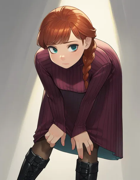 zPDXL, score_9, score_8_up, score_7_up, source_anime, 1girl, solo, (portrait),
 <lora:Yomu_v1:1> y0mu, Anna \(frozen\), red hair, expressionless, bent over, velvet-dress, over-the-knee-boots, pinstripe-pantyhose,