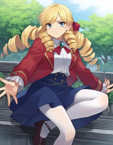 zPDXL, score_9, score_8_up, score_7_up, source_anime, 1girl, solo,
<lora:wataoshi_reiclaire:0.8> wataoshi_claire, blonde hair, blue eyes, drill hair, long hair, hair ribbon, red jacket, long sleeves, blue skirt, white shirt, frills, white pantyhose, brooch , <lora:Yomu_v1:1> y0mu