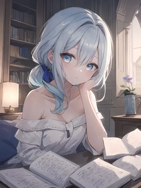 masterpiece,best quality,highres,cinematic lighting,dramatic angle,1girl,<lora:ShadowverseAmaryllisV1:0.8>,light blue hair,blue eyes,white dress,bare shoulders,ponytail,hair ribbon,looking at viewer,head tilt,curious,indoors,bedroom,collarbone,bare arms,holding book,pillow