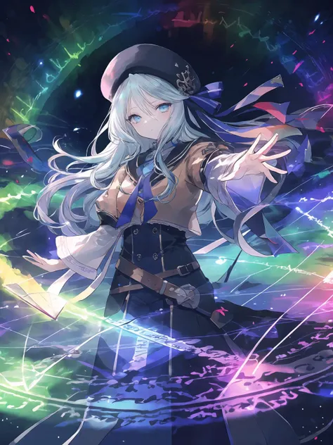 masterpiece,best quality,highres,cinematic lighting,dramatic angle,1girl,<lora:ShadowverseAmaryllisV1:0.8>,light blue hair,blue eyes, brown shirt,black and purple dress,white sleeves,ribbon,hat,looking at viewer,bow,belt,sailor collar,holding book,outstretched hand, spread fingers,casting spell,rainbow magic,aurora,sad,expressionless,shaded face,glowing eyes,magic circle,aura,runes